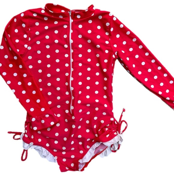 Girls Red Polka Dot Long Sleeve One Piece Swim Suit Size 10 - Picture 3 of 10
